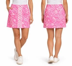 Lilly Pulitzer Womens 6 Pink Tropical Print Skirt Lattice Front Cotton Stretch